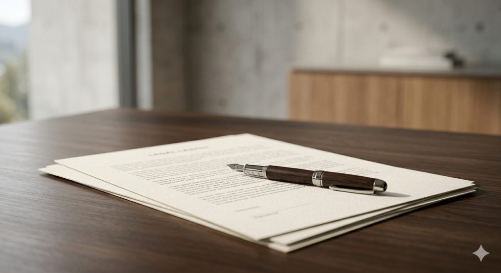 Signed legal document and pen representing RMA Law Group strategic legal counsel